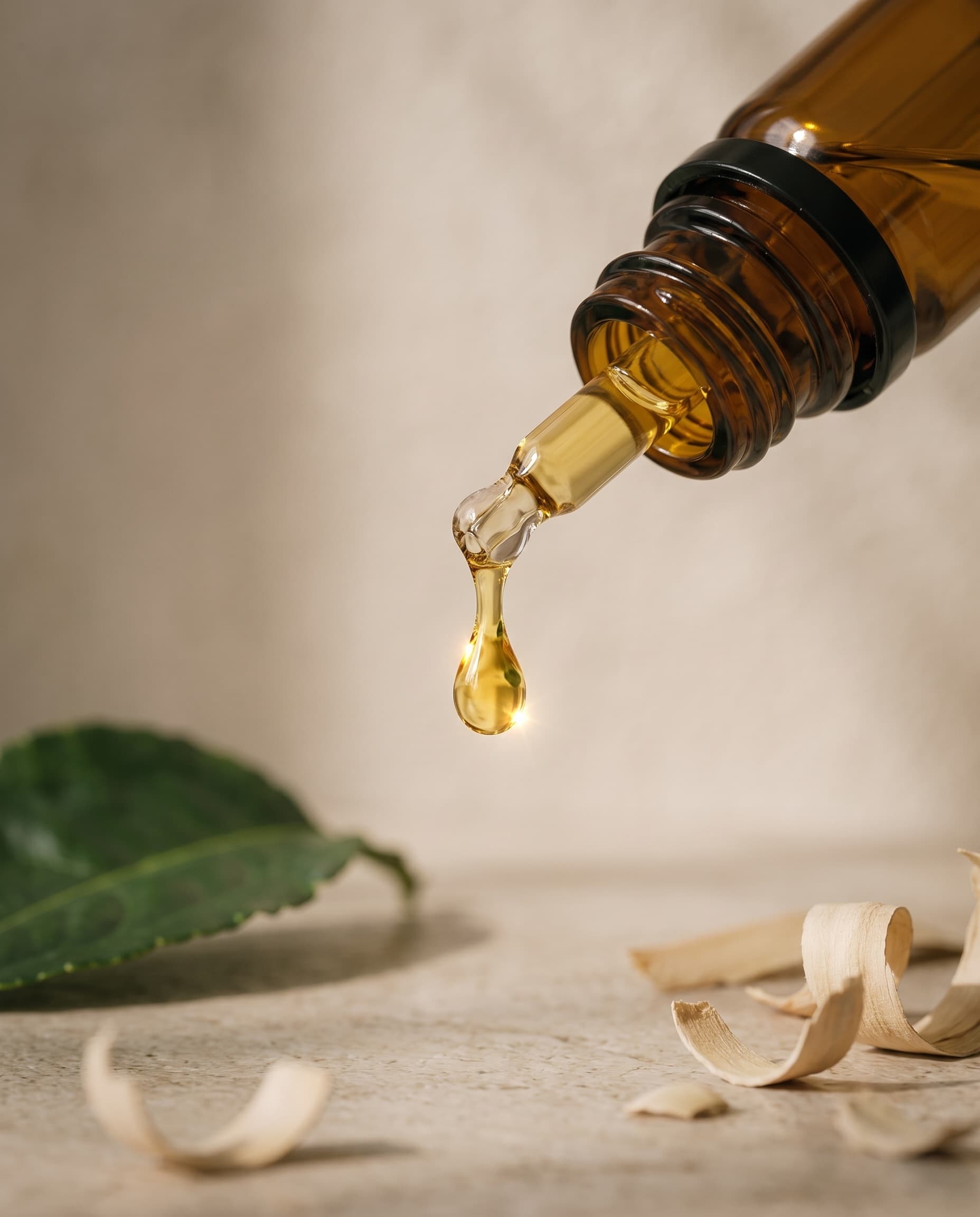 Macro shot of an amber glass dropper releasing a single drop of aromatic oil over sandalwood shavings and a kaffir lime leaf
