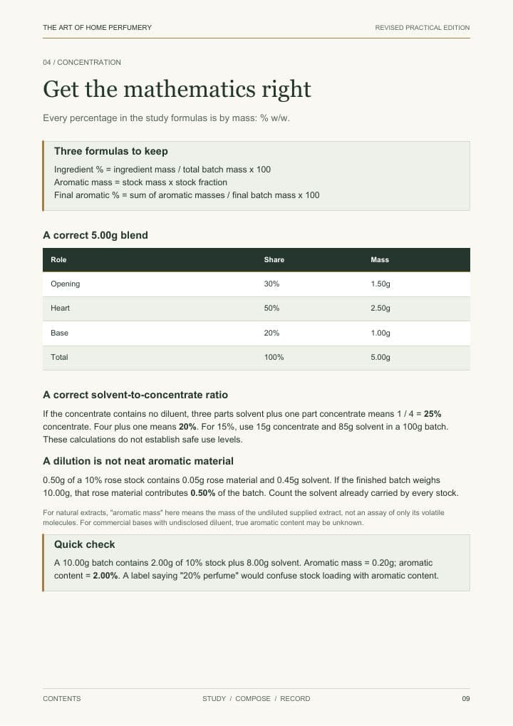 Page 9 of The Home Perfumery Guide: the three concentration formulas and a worked 5 gram blend table
